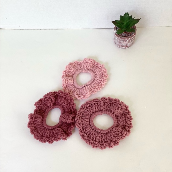 Hand Crafted Accessories - Hair Scrunchy Set Hand Crafted Pink CrochetBoho Messy Bun Ruffle